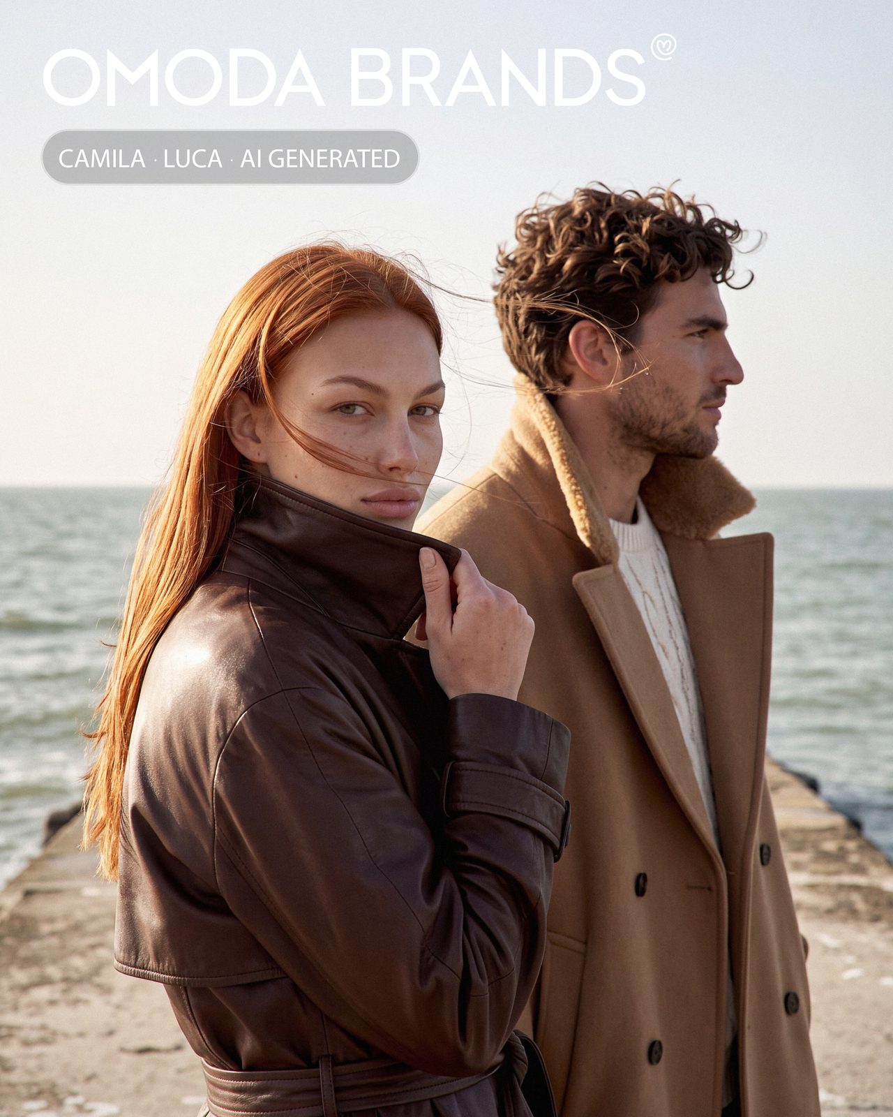 Campagnebeeld van Omoda Brands met de AI-gegenereerde modellen Camila en Luca in winterjassen op een strandhoofd aan zee.